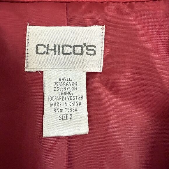 Chico's 2 Burgundy Velour Shimmer Filigree Button Blazer Pockets Lined Christmas - Picture 8 of 10